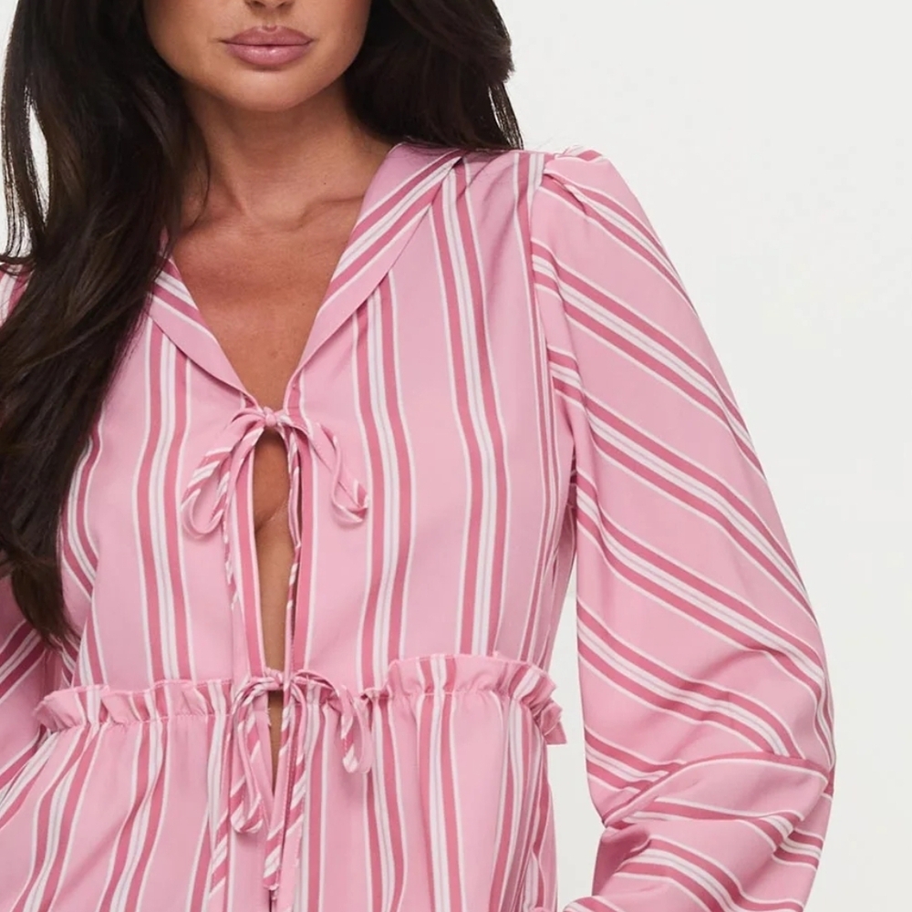 Princess Polly Cindylou Long Sleeve Pink Striped Blouse with Ties